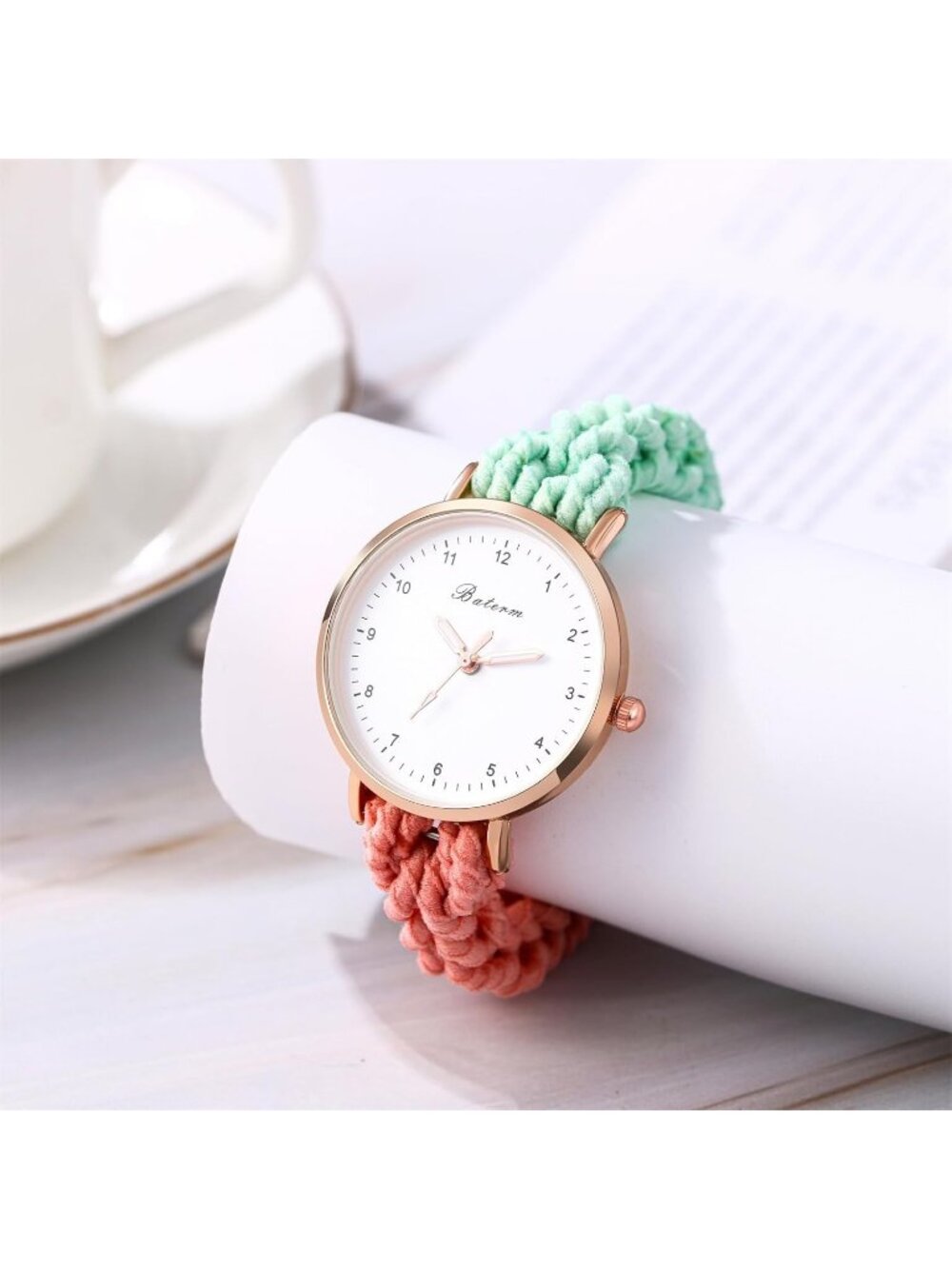 Women's Green Orange Analog Stretch Band Elastic Colorful Weave Rope Wrist Watch - Picture 2 of 6